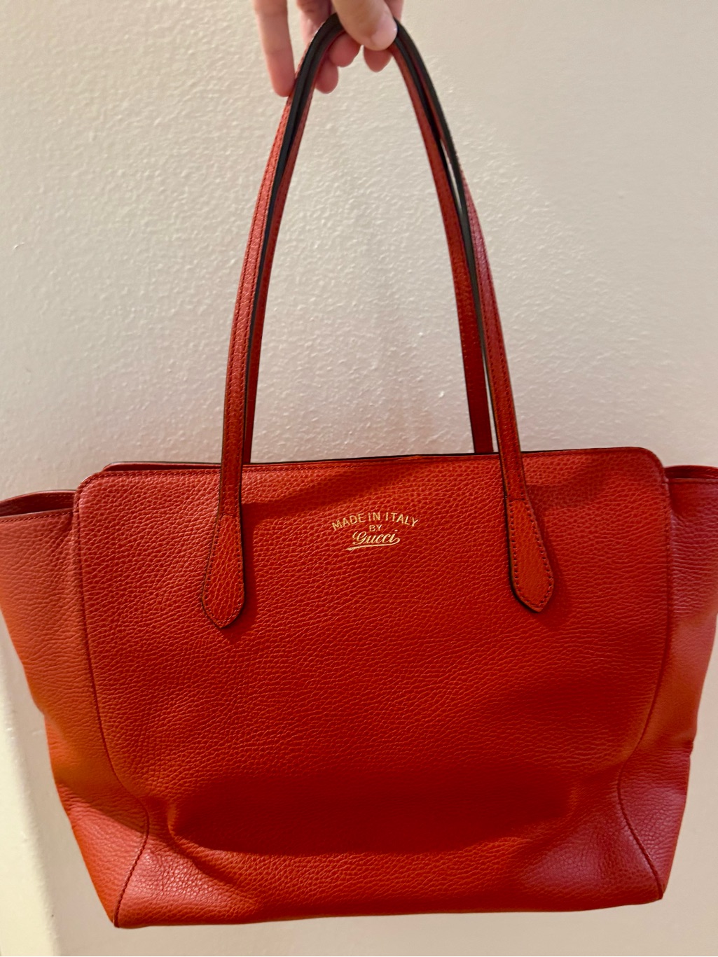 Gucci Red Pebbled Leather Tote With Gold Logo